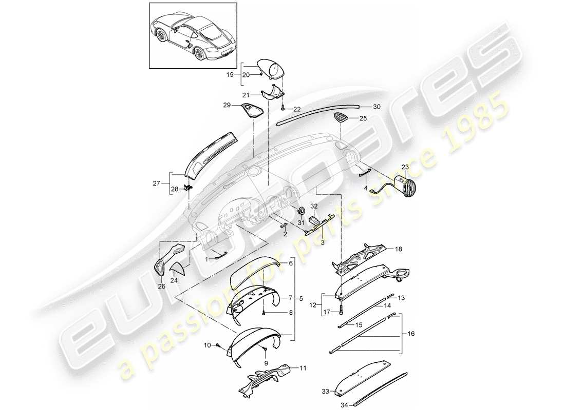 porsche 2012 (987 cayman) garniture du tableau de bord schéma des pièces