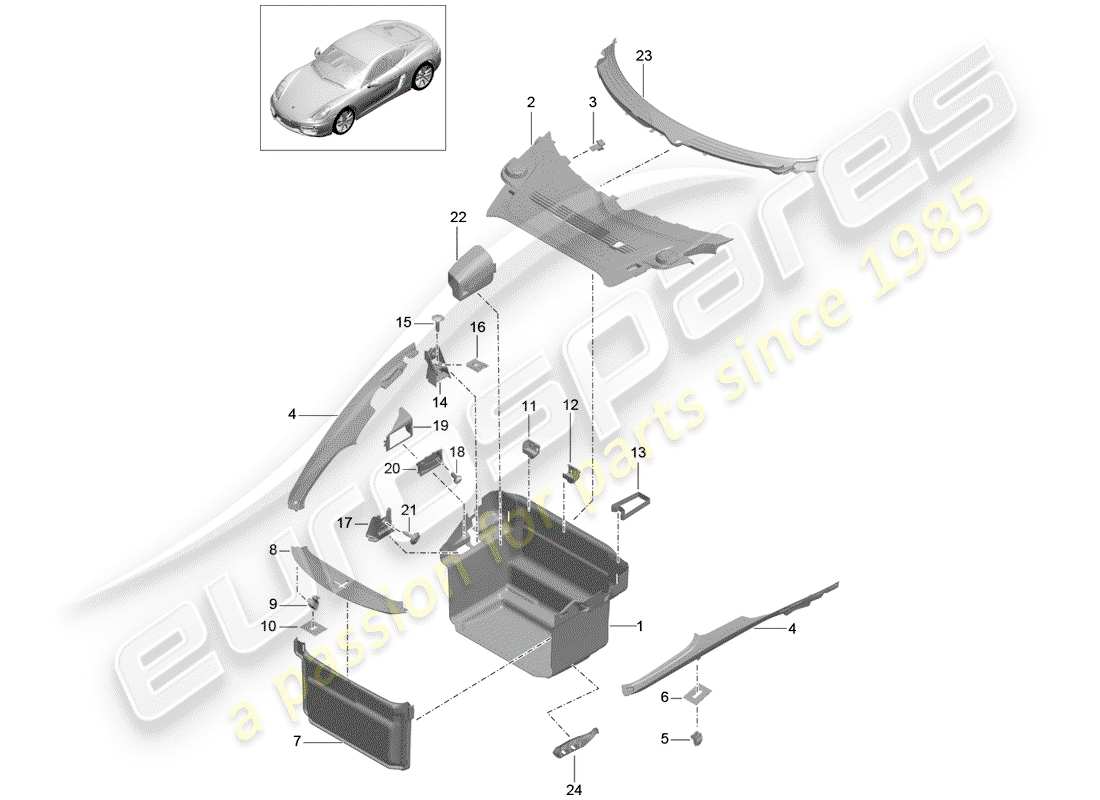 porsche 2014 (981 cayman) coffre à bagages schéma des pièces