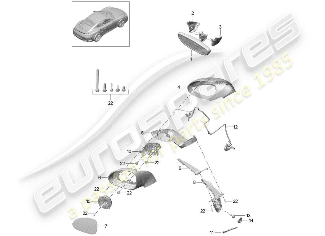 porsche 991 turbo (2020) schéma des pièces du rétroviseur intérieur