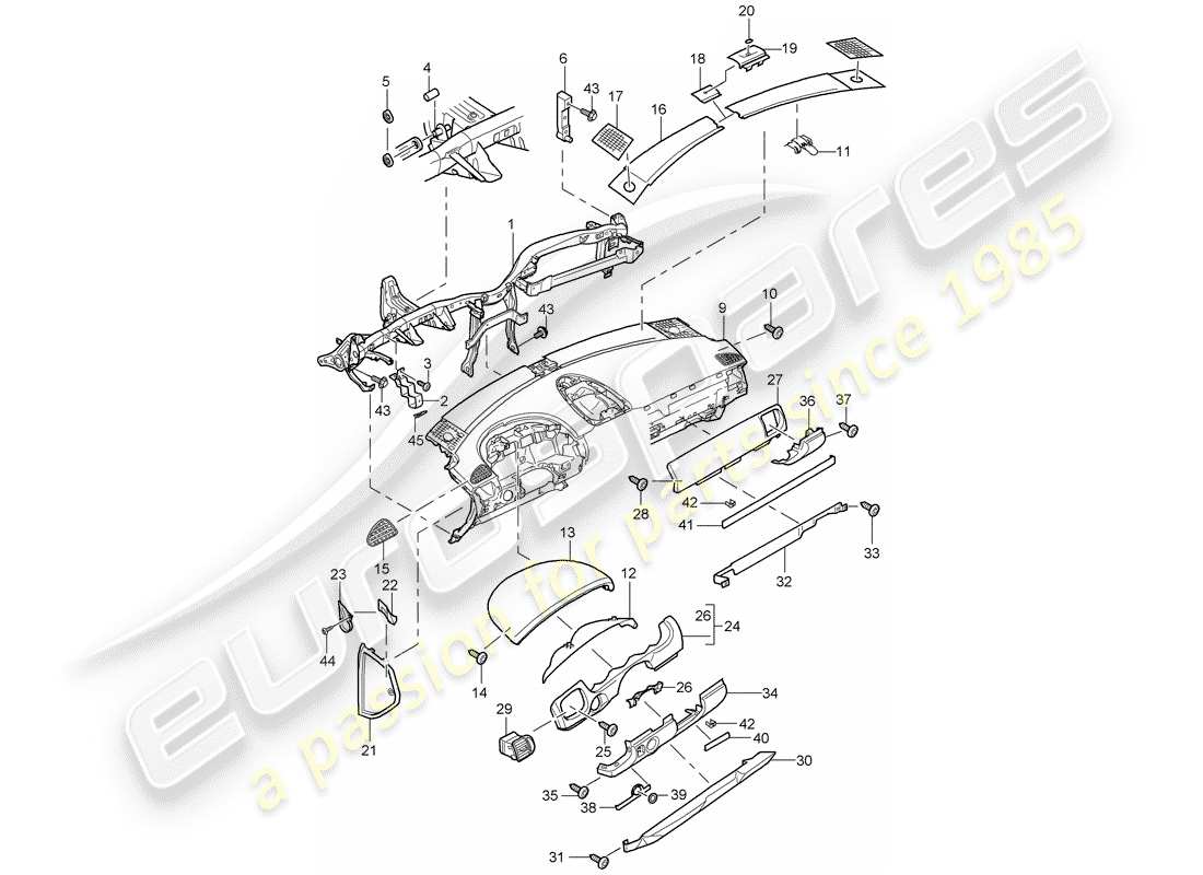 porsche 2003 (cayenne e1 9pa) garniture de panneau de tableau de bord schéma des pièces