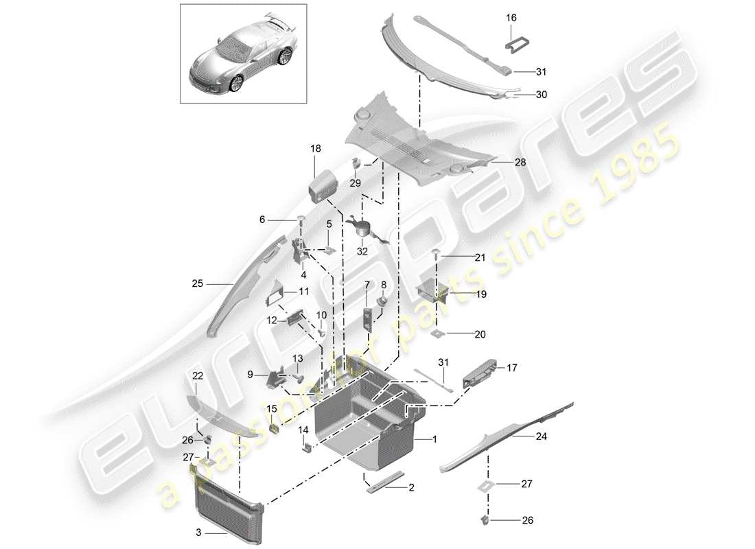 porsche 2019 (991-2 r/gt3/rs) doublure de botte schéma des pièces