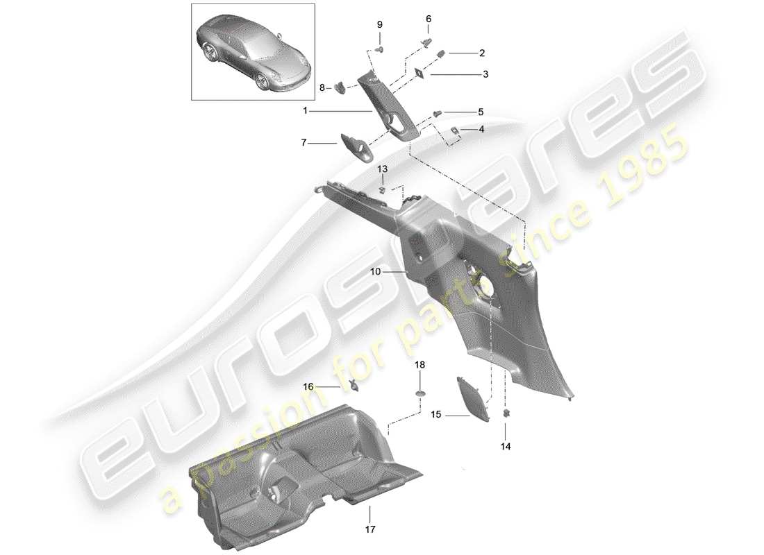 porsche 2013 (991-1) panneau de garniture de quartier schéma des pièces