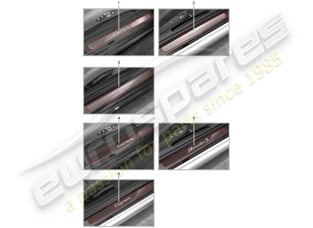 porsche 2019 (tequipment 98x/99x) plaque de seuil - panneau de seuil schéma des pièces