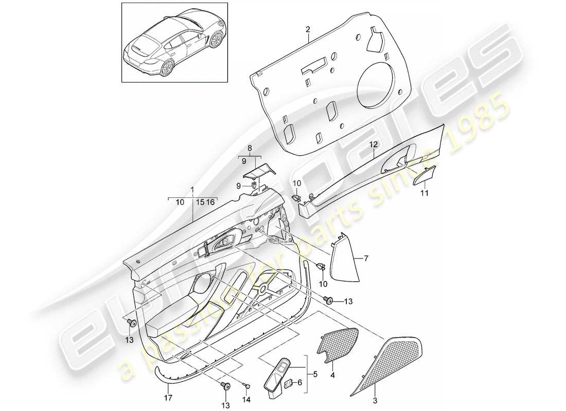 porsche 2013 (panamera 970) panneau de porte schéma des pièces