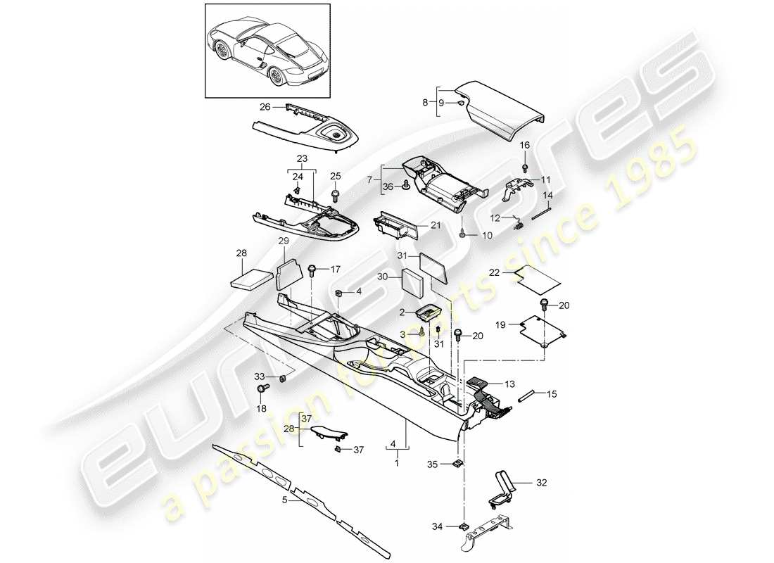 porsche 2012 (987 cayman) console centrale schéma des pièces