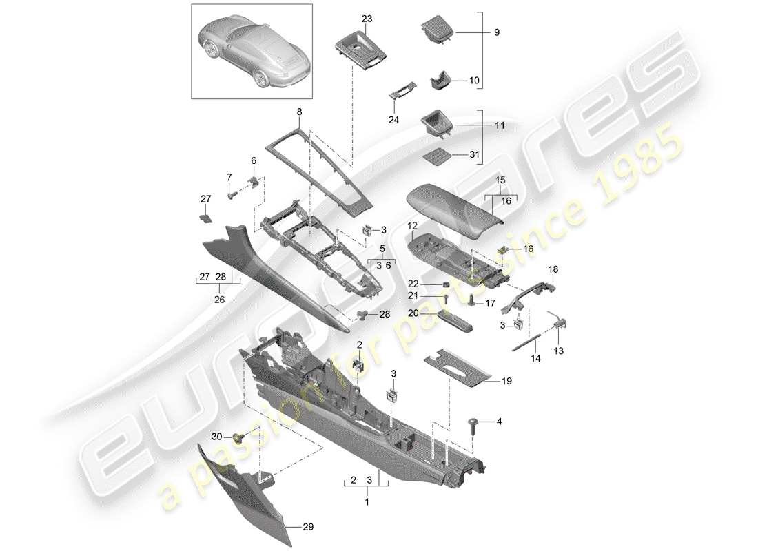 porsche 2015 (991-1) console centrale schéma des pièces