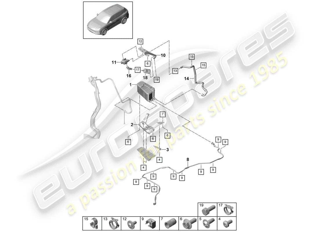 porsche 2020 (cayenne e3 9ya/9yb) schéma des pièces du réservoir d'émission par évaporation