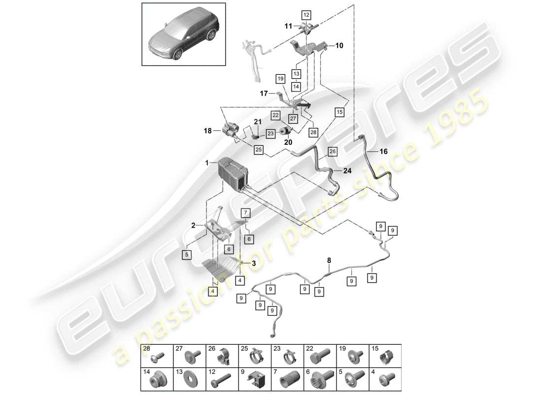 porsche 2020 (cayenne e3 9ya/9yb) schéma des pièces du réservoir d'émission par évaporation