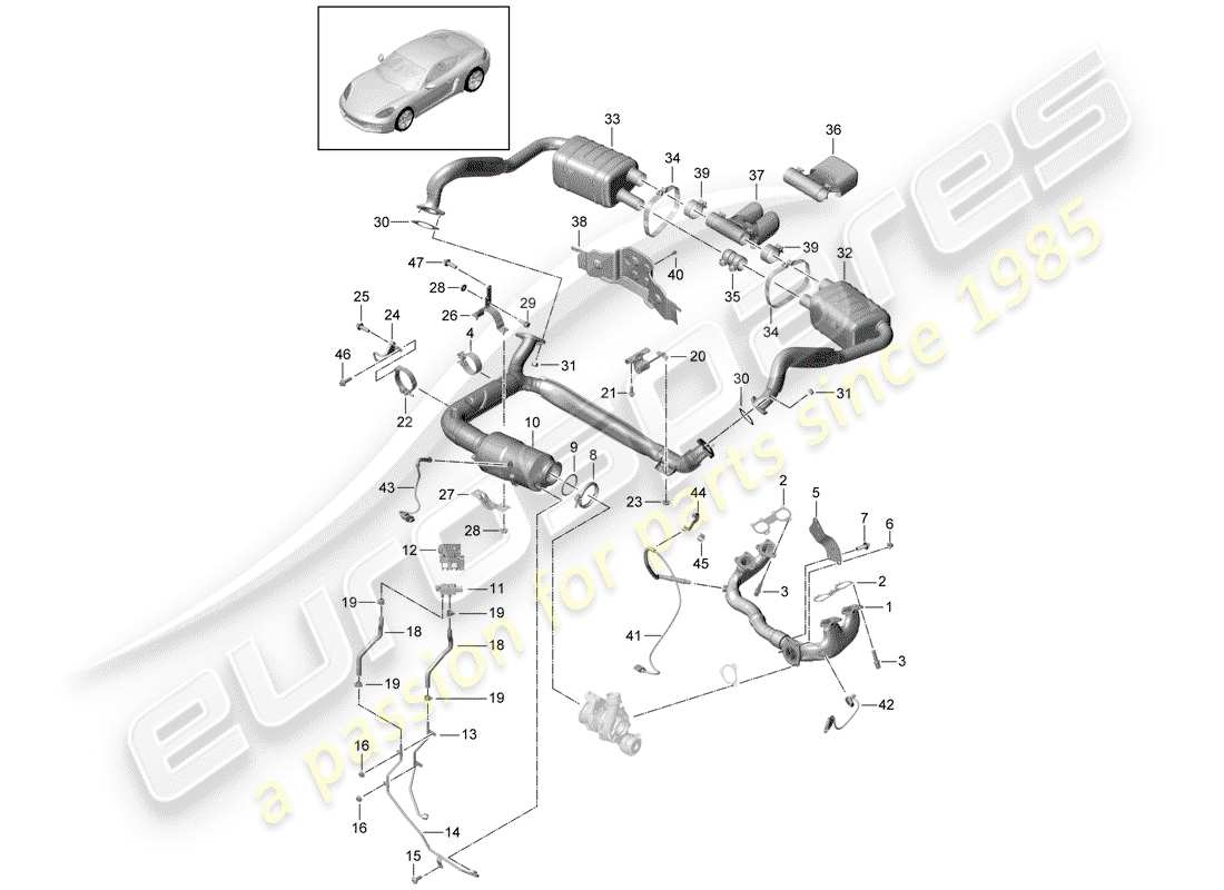 porsche 2020 (718 cayman) système d'échappement schéma des pièces