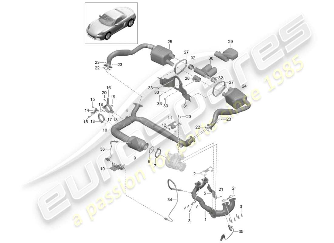 porsche 2020 (718 boxster) système d'échappement silencieux convertisseur catalytique schéma des pièces
