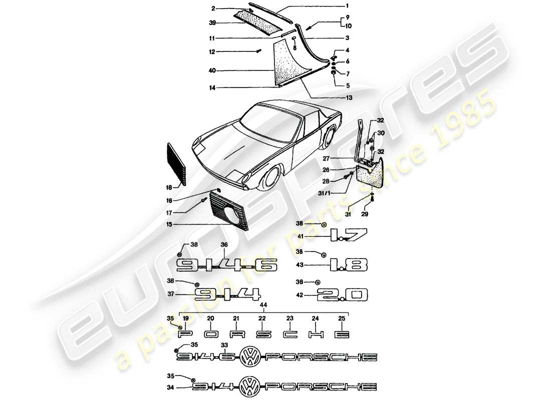 porsche 1972 (914) équipements décoratifs schéma des pièces