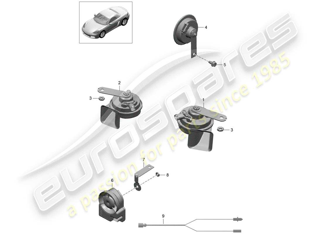 porsche 2019 (718 boxster) diagramme des pièces du klaxon de fanfare