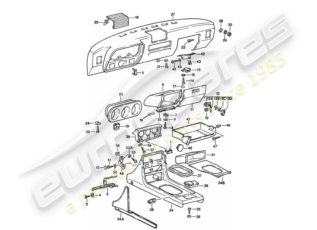 porsche 1987 (924s) tableau de bord - console centrale schéma des pièces