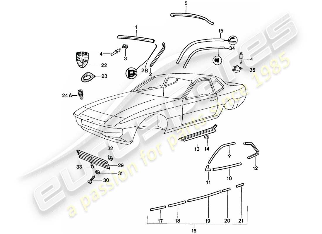 porsche 1987 (924s) moulure décorative schéma des pièces