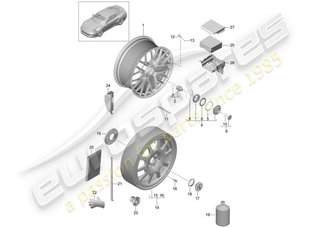 porsche 2019 (991-2 turbo) jante en alliage avec schéma des pièces