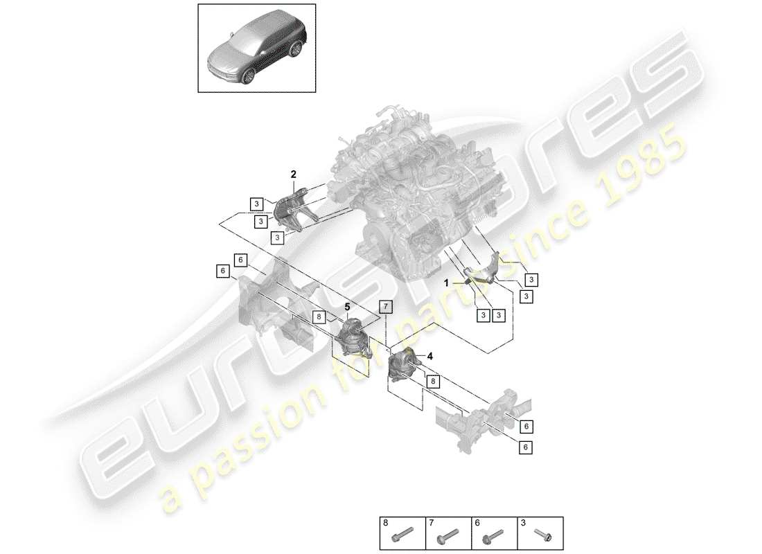 porsche 2020 (cayenne e3 9ya/9yb) matériel de levage de moteur schéma des pièces