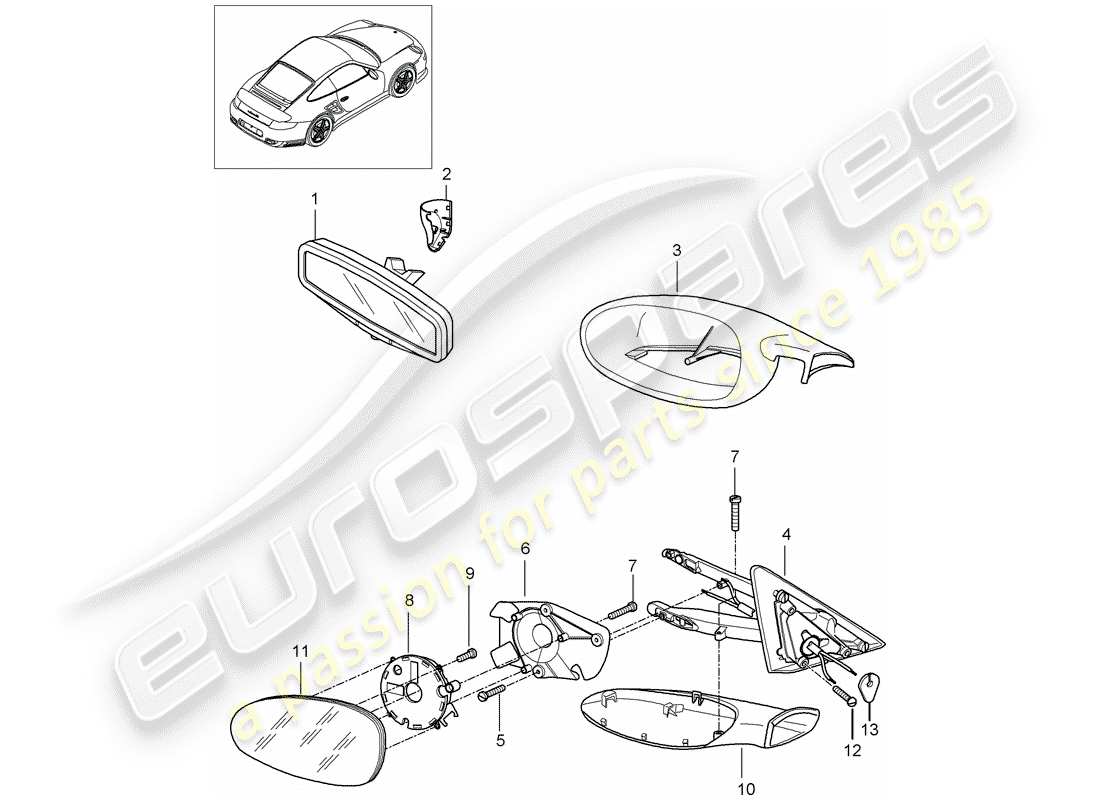 porsche 2011 (997-2 turbo / gt2 rs) schéma des pièces du rétroviseur intérieur