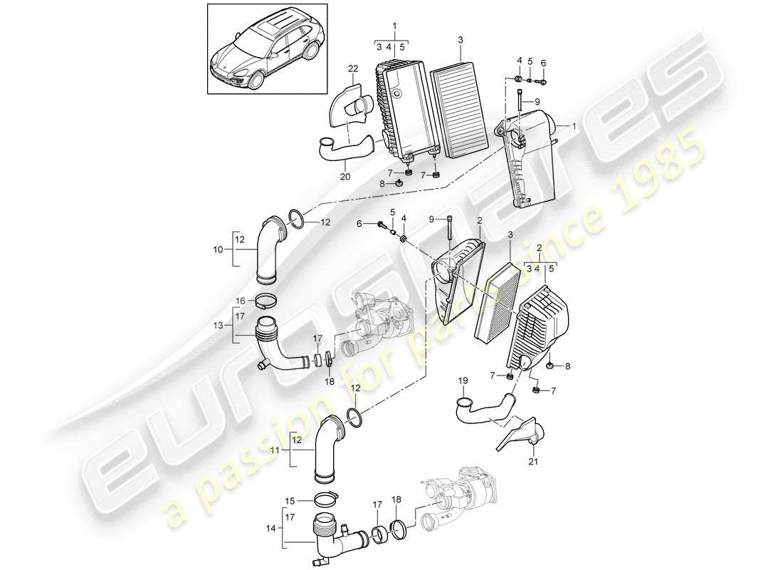 porsche 2012 (cayenne e2 92a) filtre à air avec connexion schéma des pièces