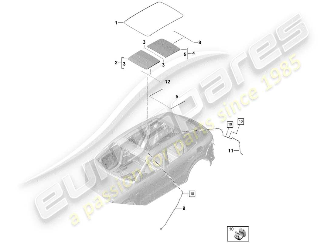 porsche 2020 (cayenne e3 9ya/9yb) schéma des pièces du toit en verre