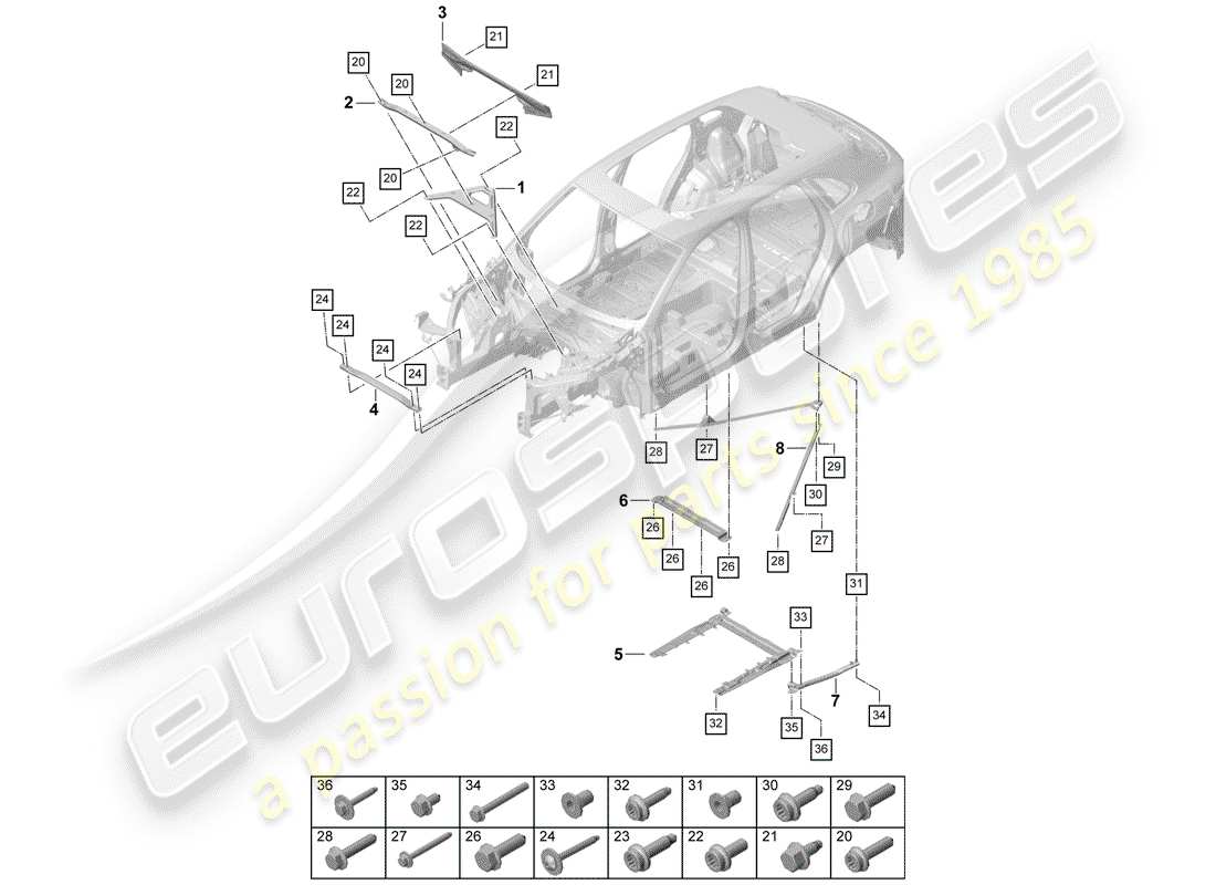 porsche 2020 (cayenne e3 9ya/9yb) schéma des pièces de la jambe de force du dôme