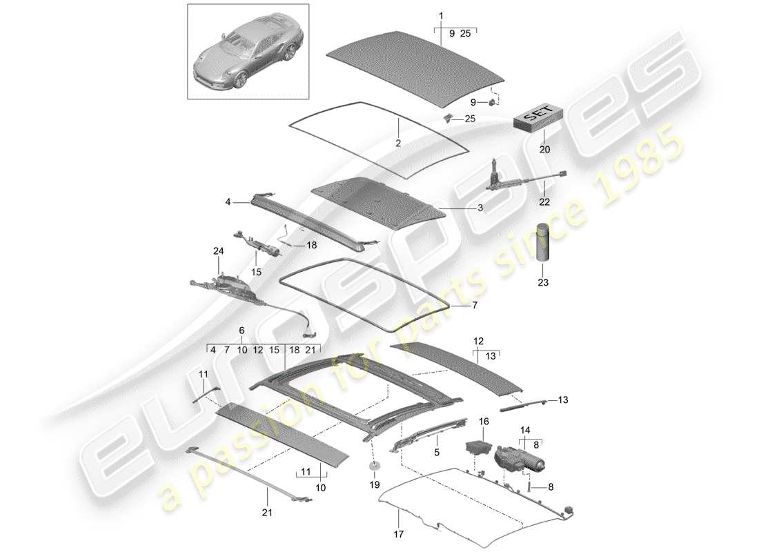 porsche 2020 (991-2 turbo) toit coulissant en verre schéma des pièces