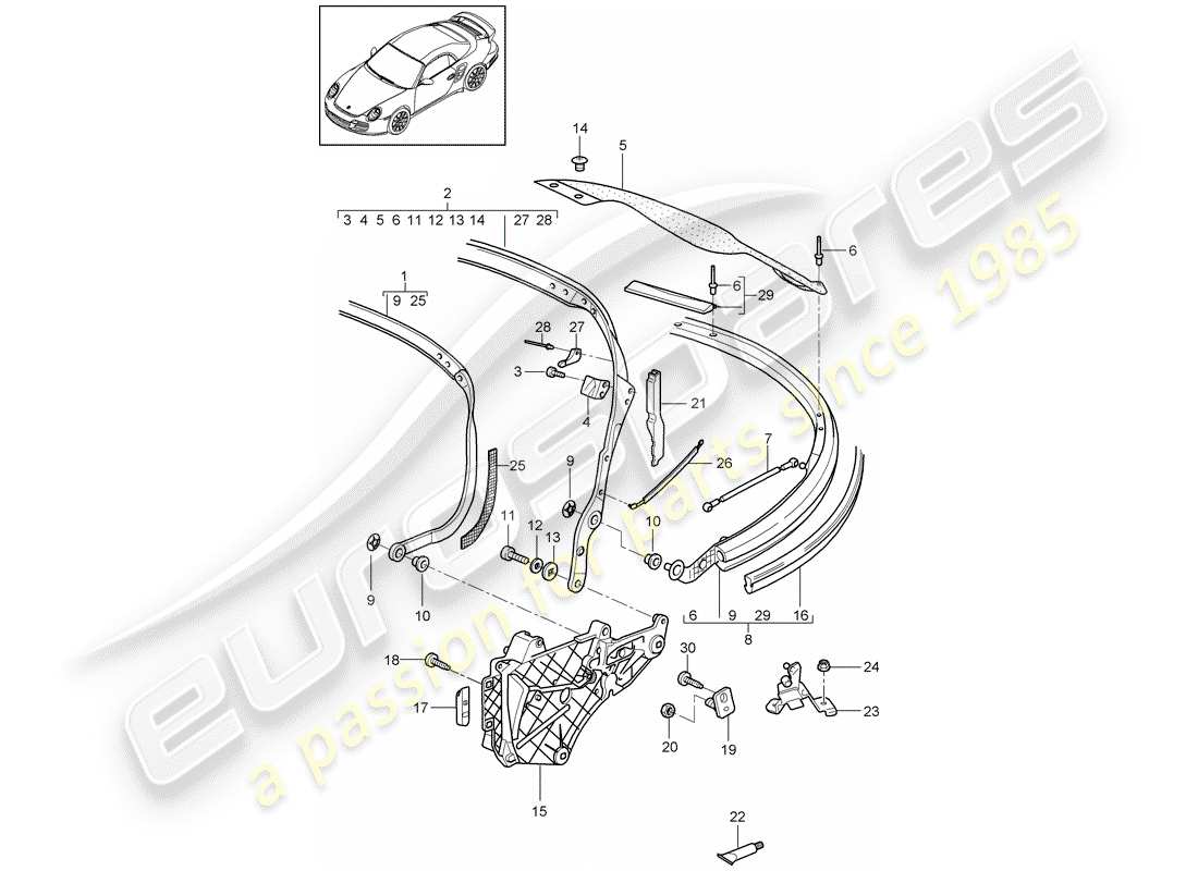 porsche 2012 (997-2 turbo / gt2 rs) diagramme des pièces du cadre supérieur