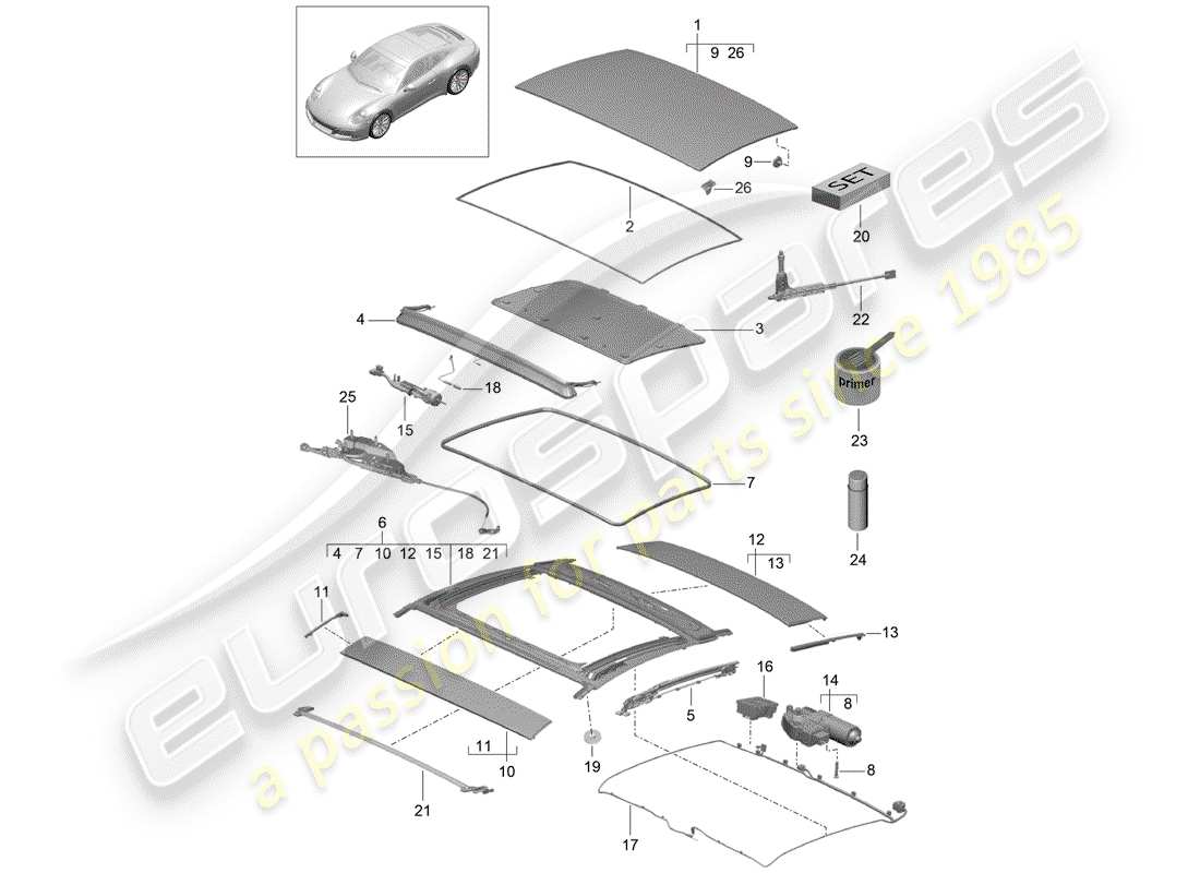 porsche 2019 (991-2) toit coulissant/inclinable schéma des pièces