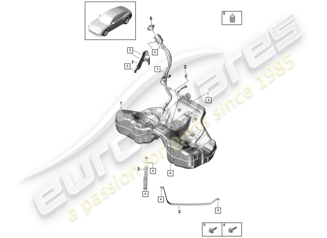 porsche 2020 (panamera 971-1) réservoir de carburant avec schéma des pièces