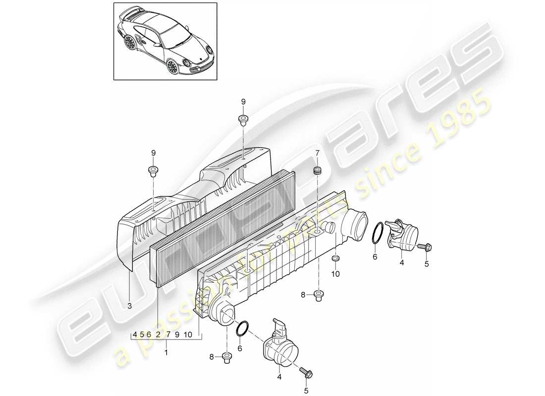 porsche 2011 (997-2 turbo / gt2 rs) schéma des pièces du filtre à air