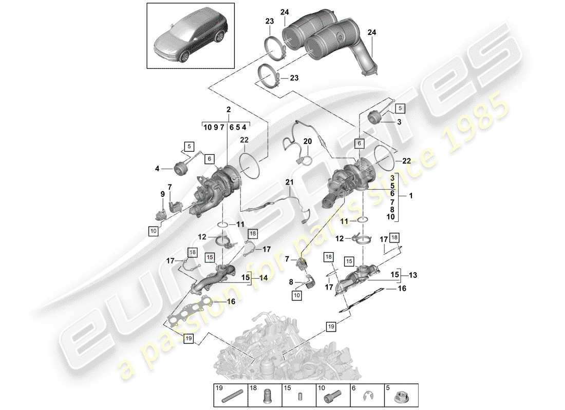porsche 2019 (cayenne e3 9ya/9yb) turbocompresseur de gaz d'échappement schéma des pièces