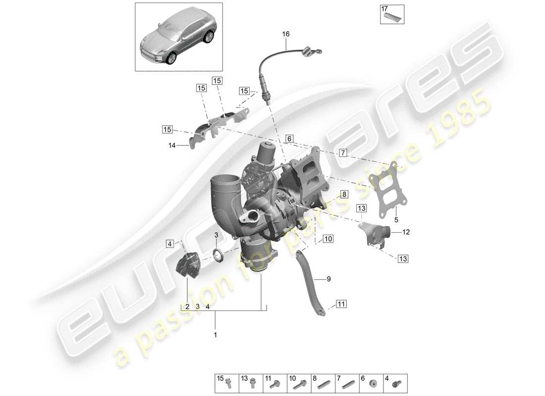 porsche 2019 (macan) turbocompresseur de gaz d'échappement schéma des pièces