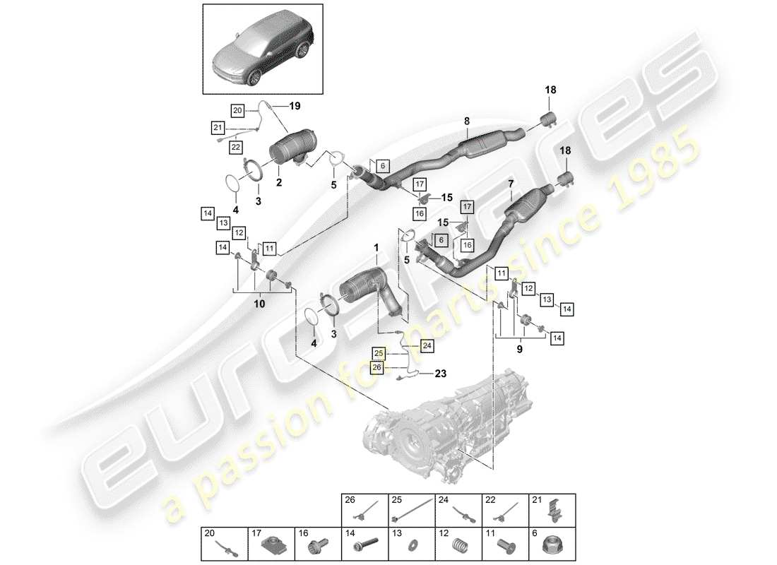 porsche 2020 (cayenne e3 9ya/9yb) système d'échappement schéma des pièces