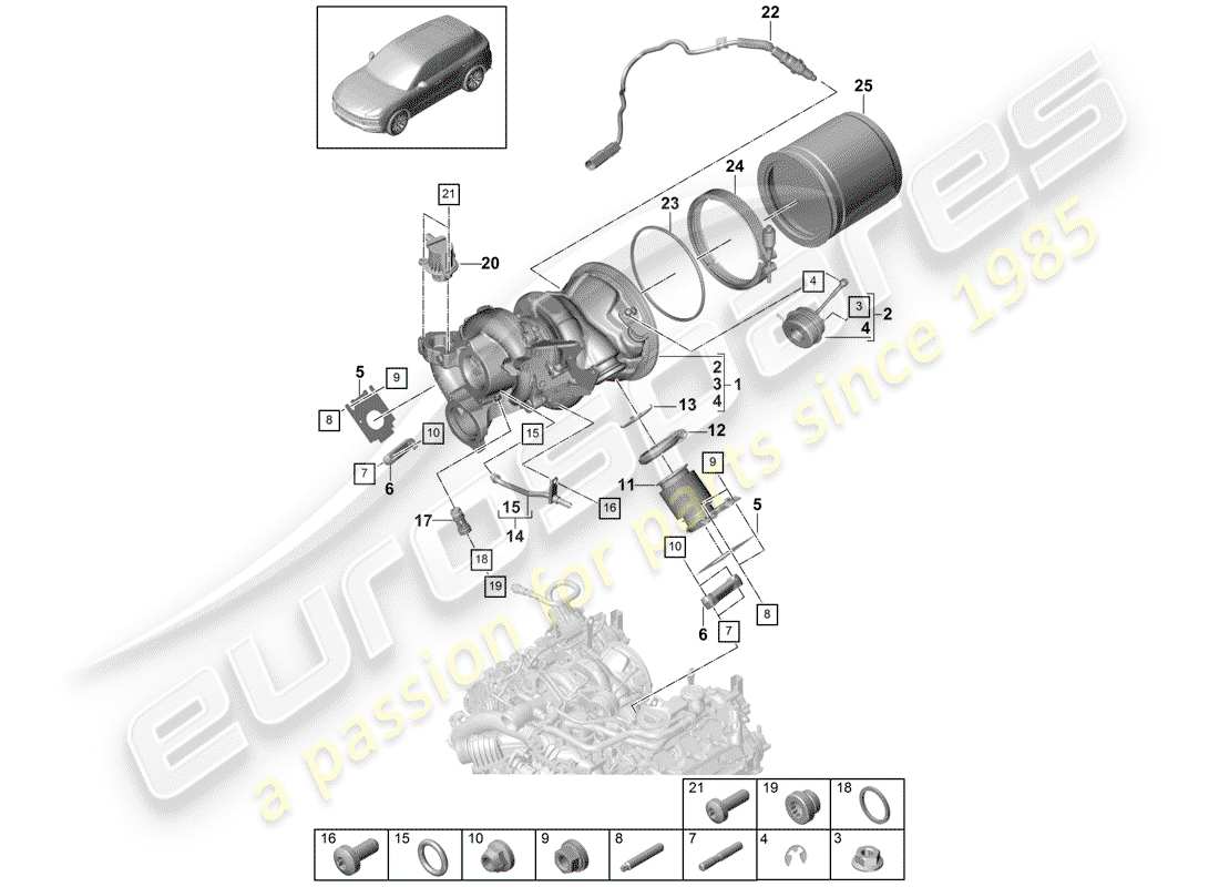 porsche 2020 (cayenne e3 9ya/9yb) turbocompresseur de gaz d'échappement schéma des pièces