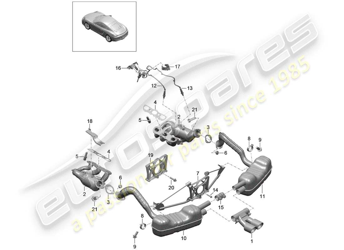 porsche 2014 (981 cayman) système d'échappement schéma des pièces
