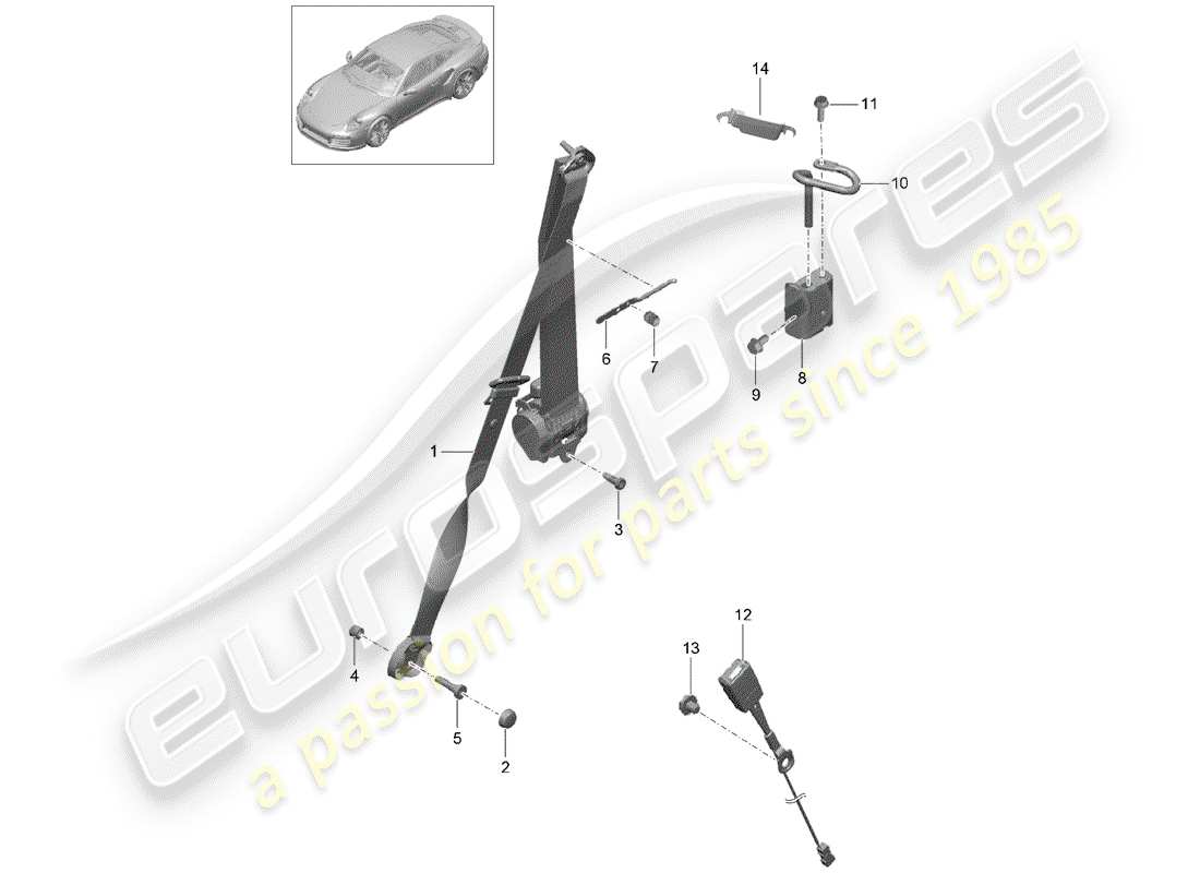 porsche 2020 (991-2 turbo) ceinture de sécurité à trois points schéma des pièces