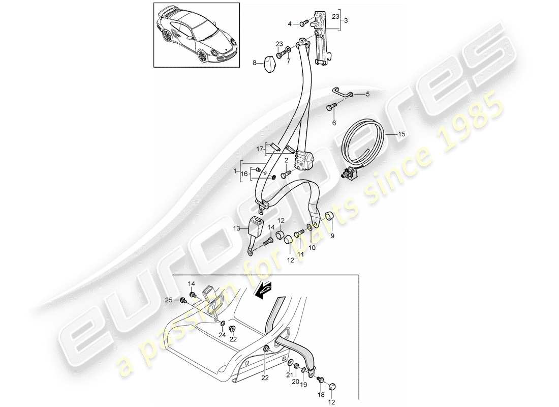 porsche 2012 (997-2 turbo / gt2 rs) ceinture de sécurité schéma des pièces