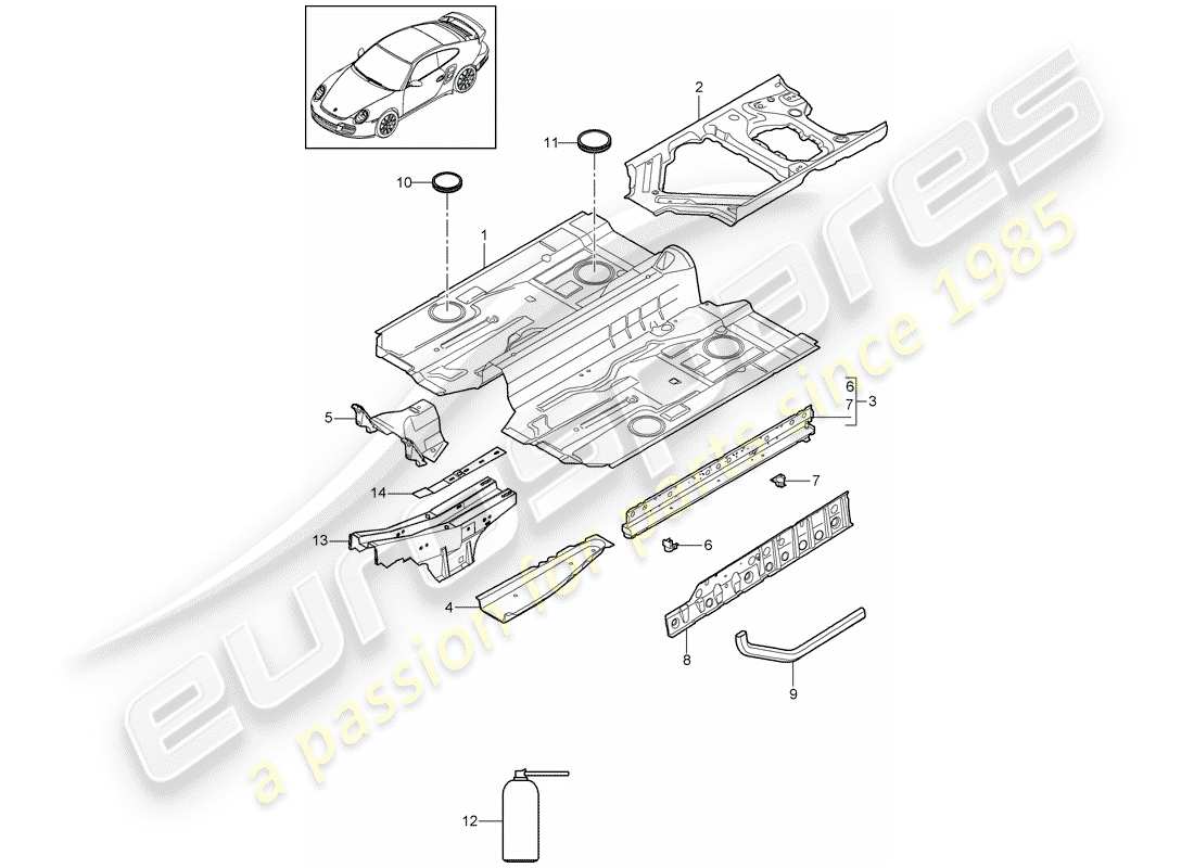 porsche 2012 (997-2 turbo / gt2 rs) schéma des pièces du plancher