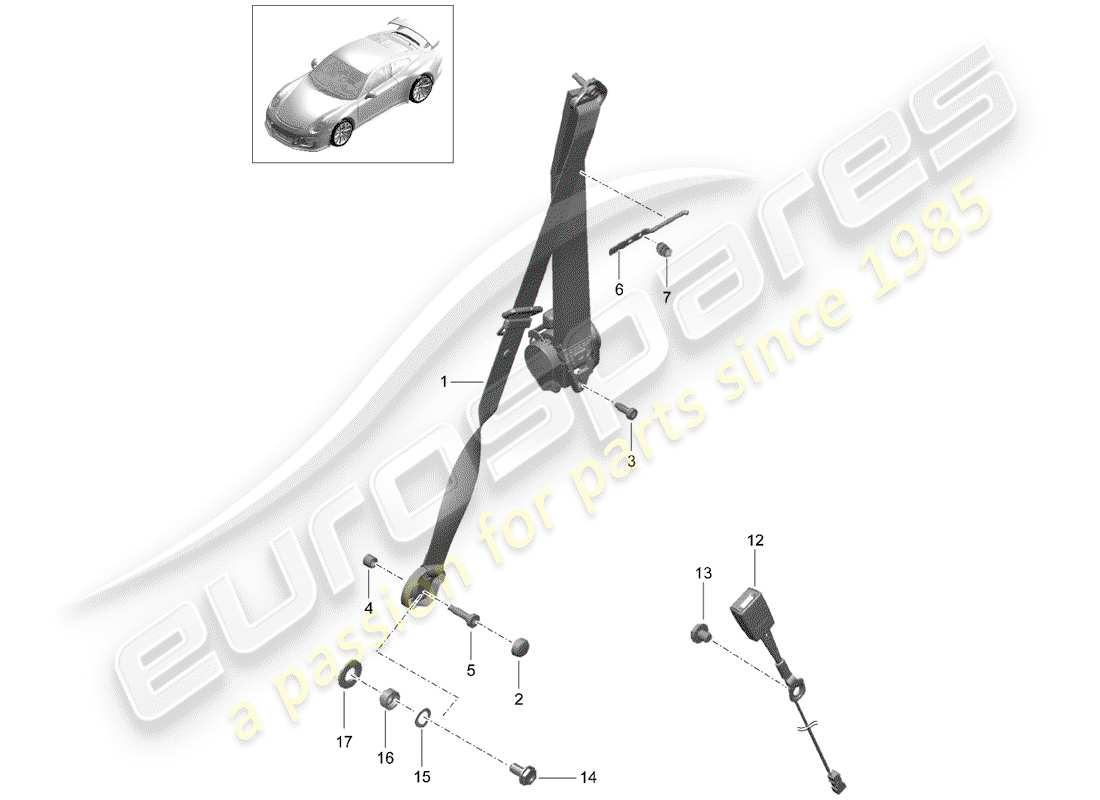 porsche 2015 (991-1 r/gt3/rs) ceinture de sécurité à trois points schéma des pièces