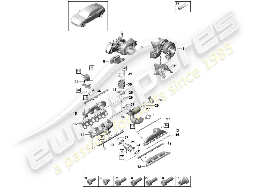 porsche 2020 (panamera 971-1) turbocompresseur de gaz d'échappement schéma des pièces