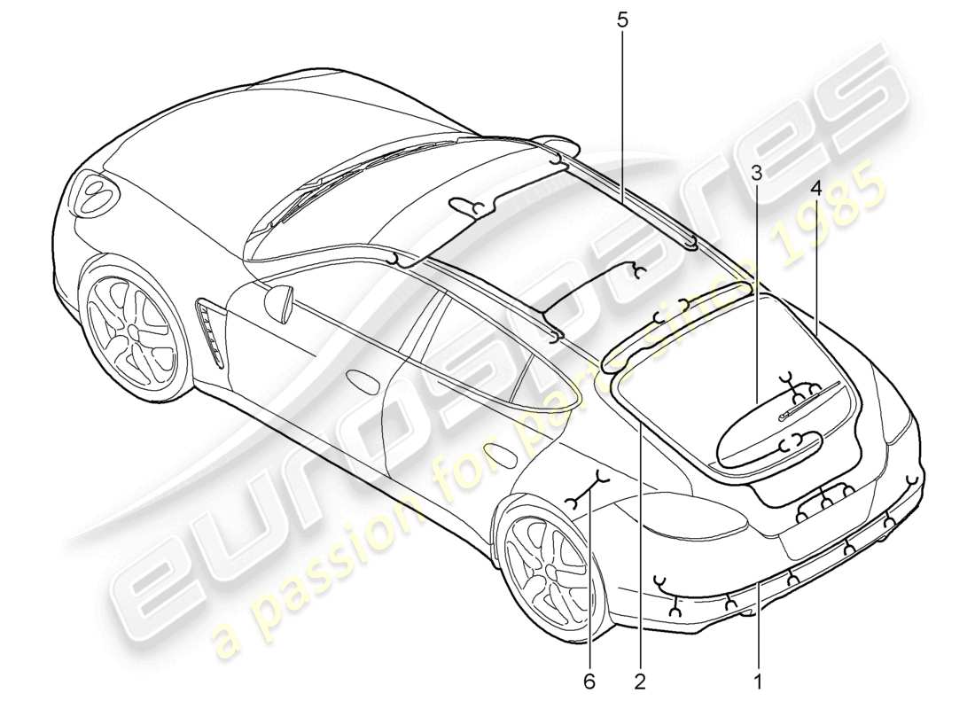 porsche 2012 (panamera 970) faisceaux de câbles aileron arrière garniture de toit couvercle arrière système de freinage antiblocage -abs- affichage de l'usure des plaquettes de frein essieu arrière schéma des pièces