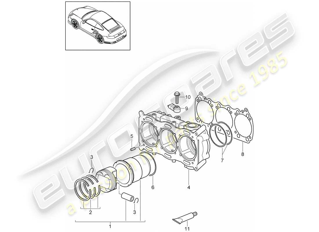 porsche 2012 (997-2 turbo / gt2 rs) cylindre avec pistons schéma des pièces