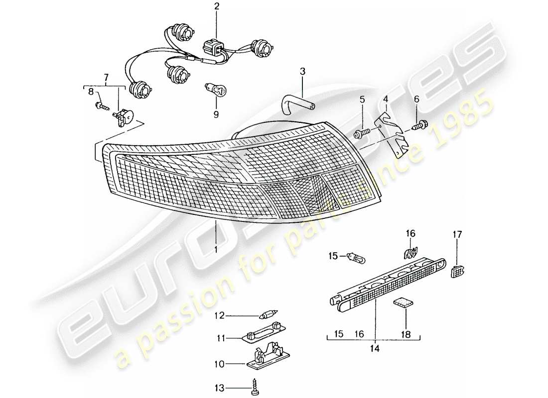 porsche 2001 (996 gt3) feu arrière - éclairage de plaque d'immatriculation - feu stop supplémentaire schéma des pièces