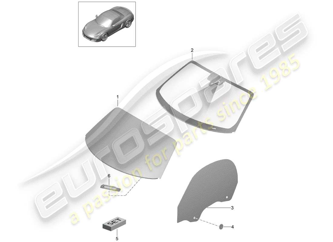 porsche 2012 (981 boxster) vitrage de fenêtre schéma des pièces