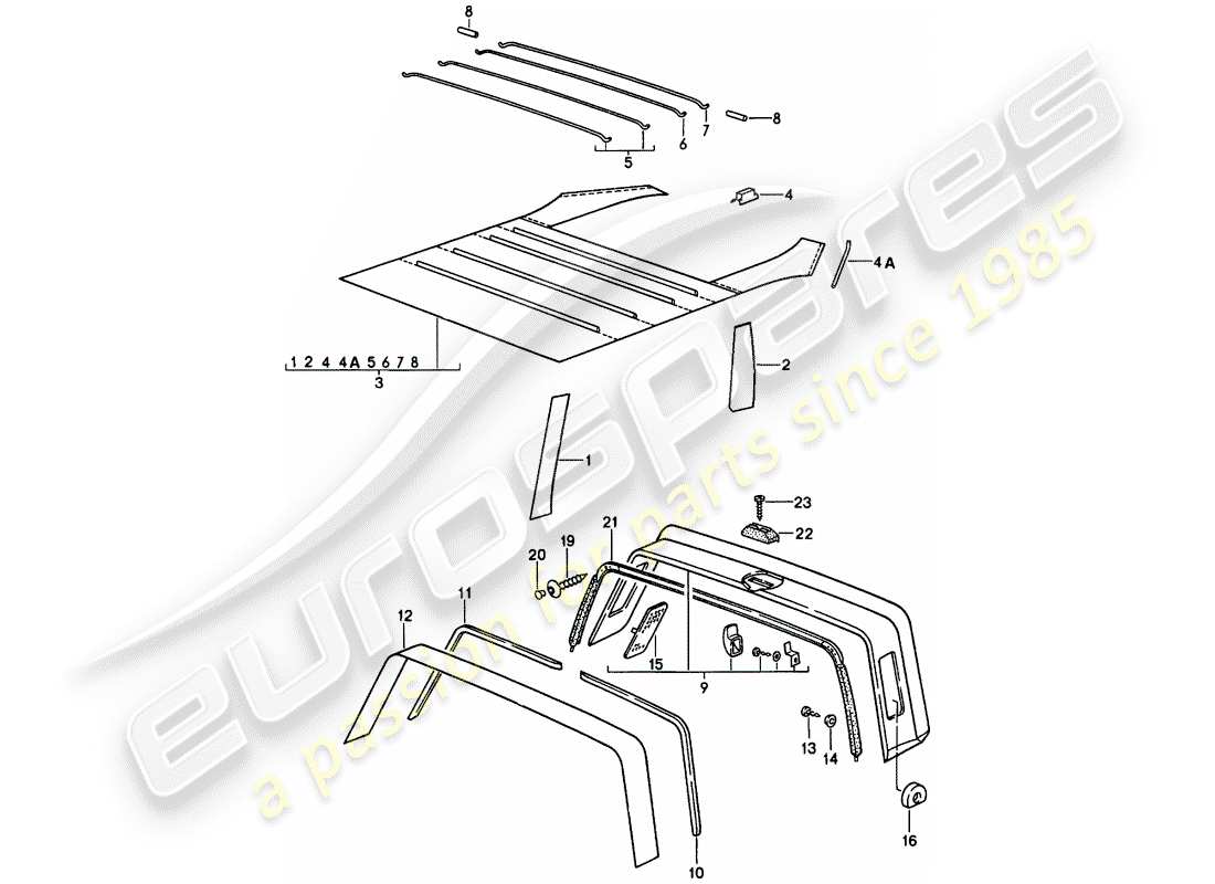 porsche 1984 (911) equipement intérieur - toit - roll bar schéma des pièces
