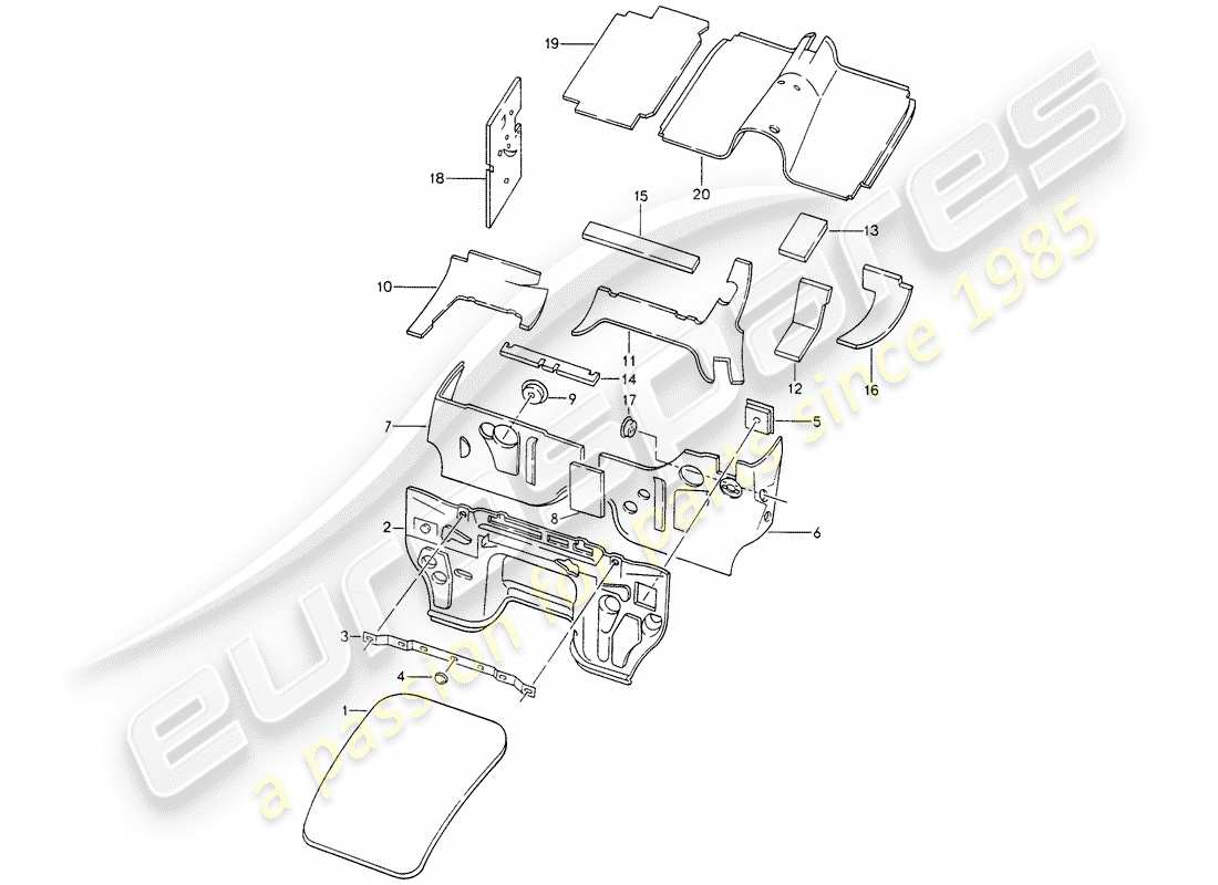 porsche 1995 (928) carrosserie - insonorisation 1 schéma des pièces