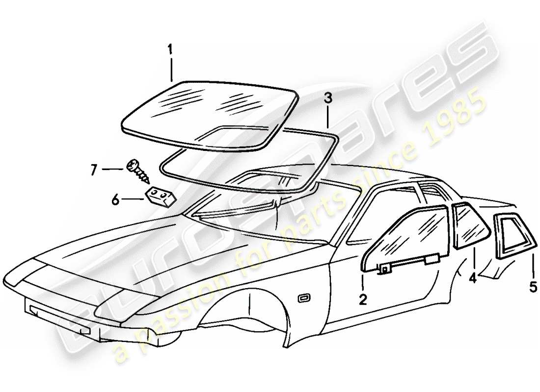 porsche 1982 (944) vitrage des fenêtres schéma des pièces