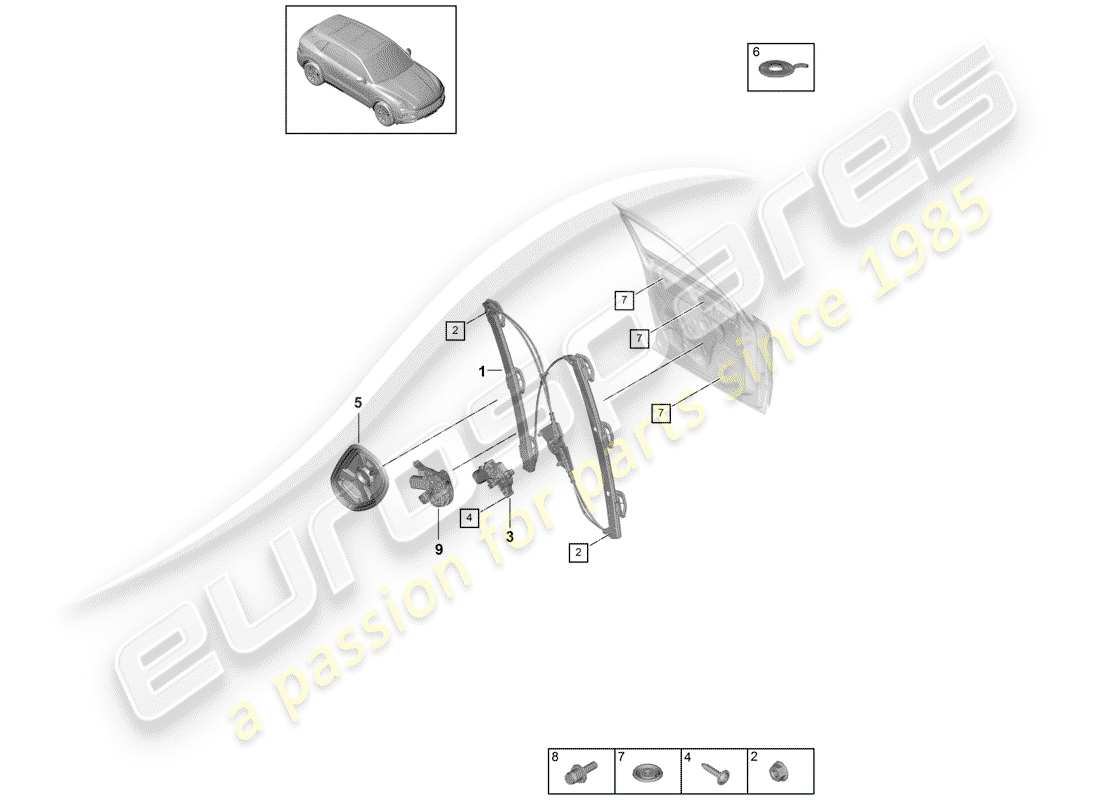 porsche 2020 (cayenne e3 9ya/9yb) régulateur de fenêtre schéma des pièces