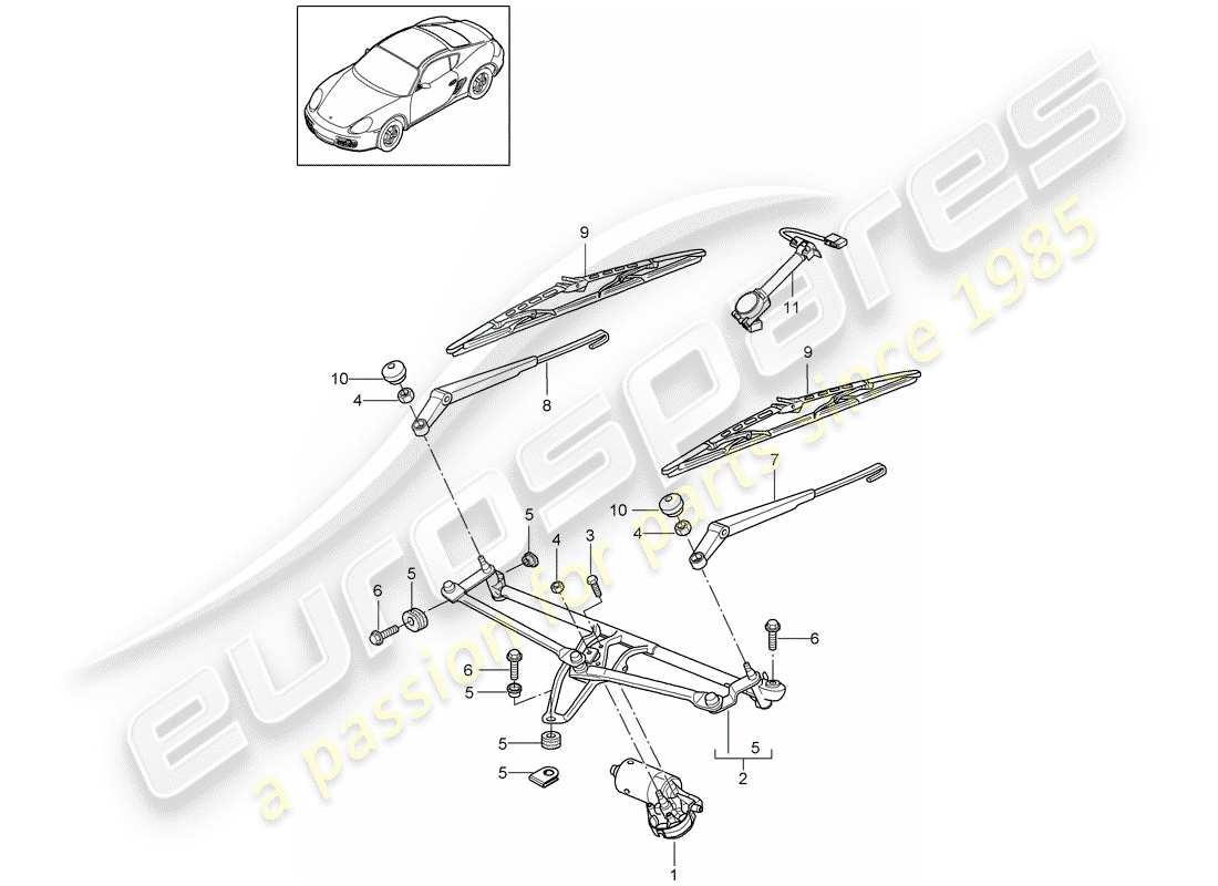 porsche 2010 (987 cayman) système d'essuie-glace compl. schéma des pièces
