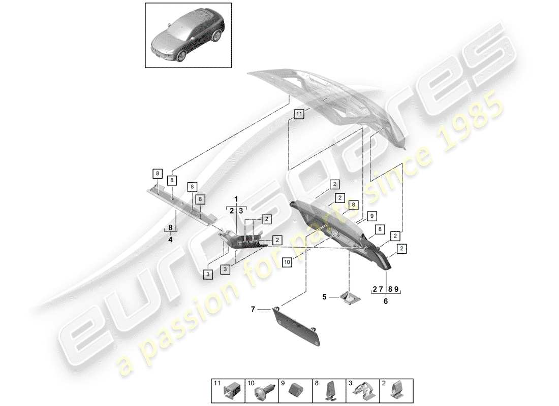 porsche 2020 (cayenne e3 9ya/9yb) panneau de garniture pour porte de trappe schéma des pièces