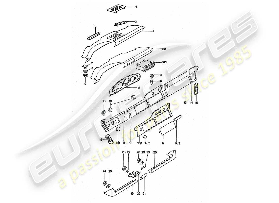 porsche 1977 (911 turbo) tableau de bord schéma des pièces